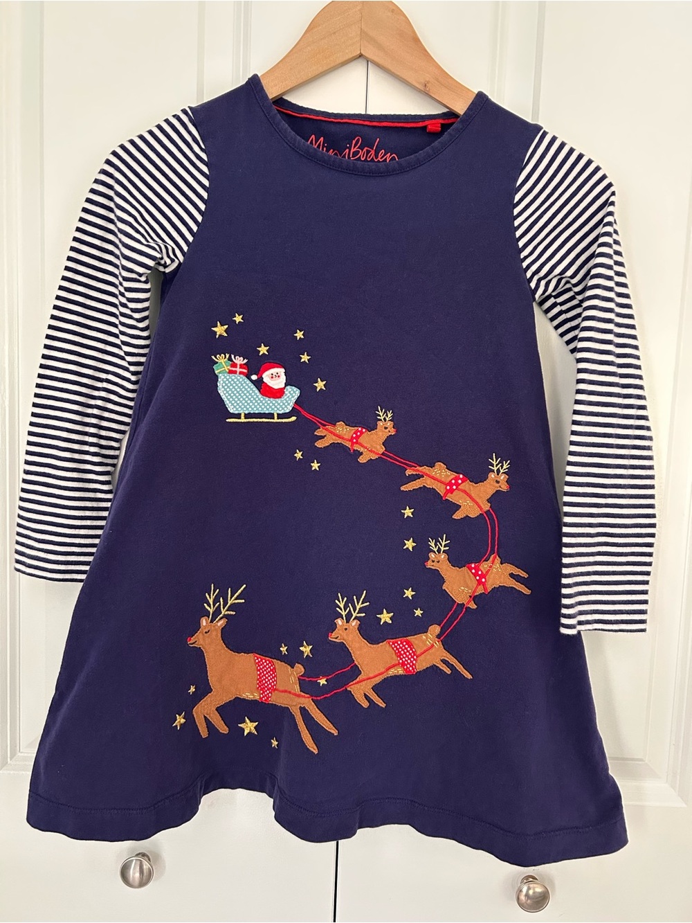 Mini Boden girls 7-8 years navy dress Christmas Santa reindeer applique cotton
